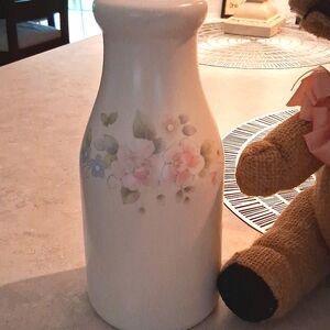 Pfaltzgraff Tearose Milk Bottle W/ Posable Burlap Cow